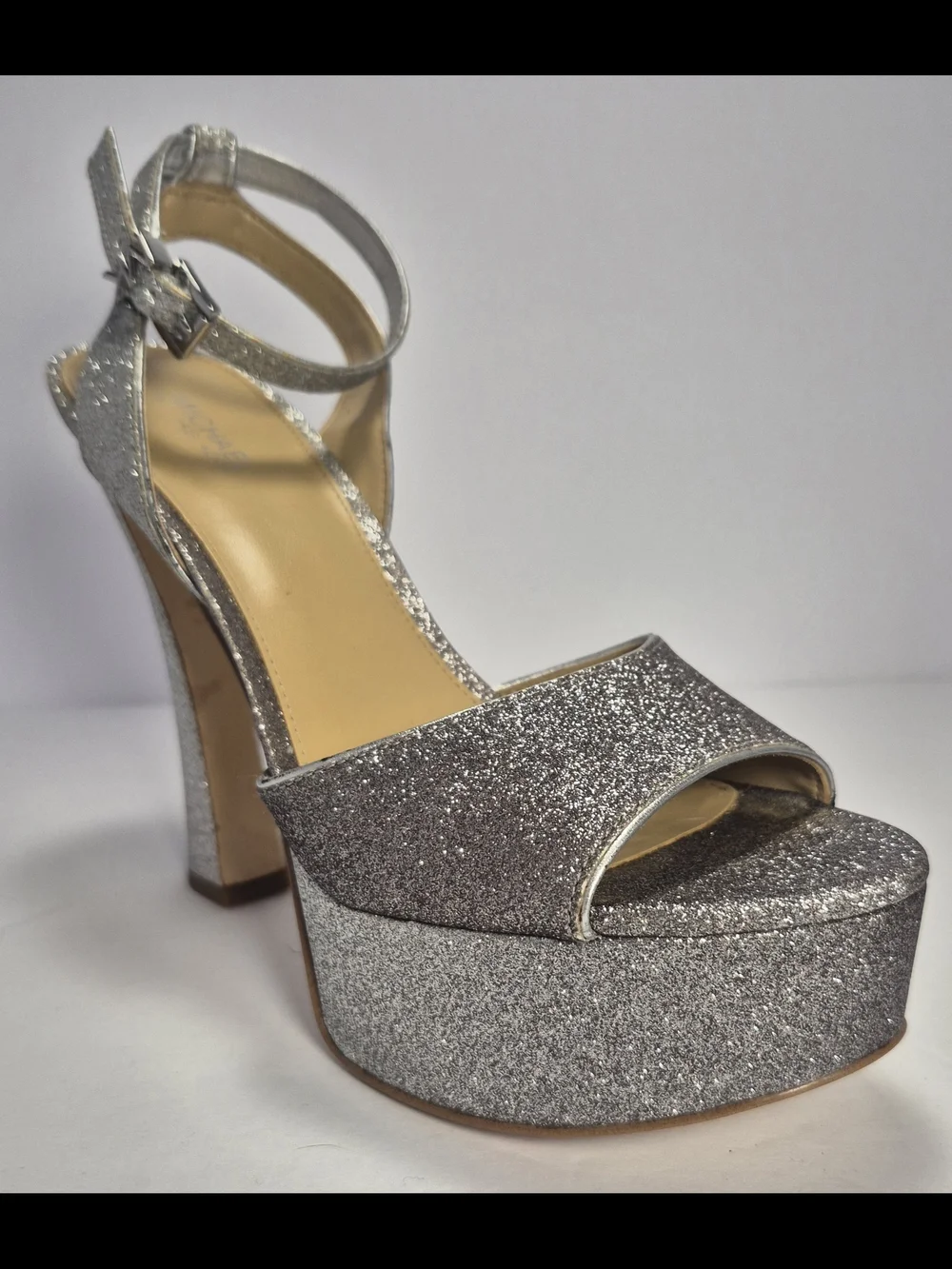 Michael Kors Silver Glitter Chunky Platform Sandals Ankle Strap Buckle Closure